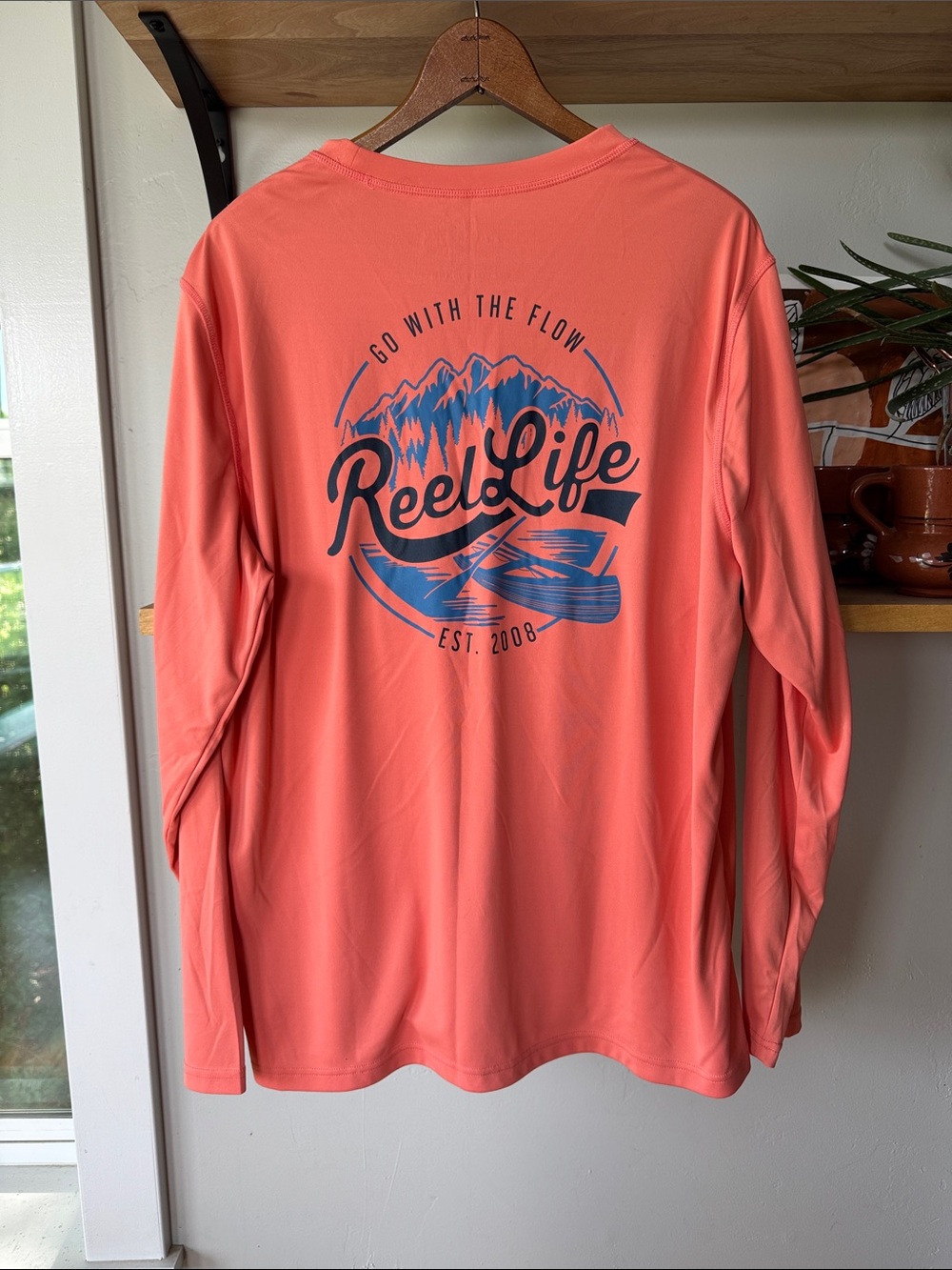Reel Life Men’s Long Sleeve Tee in Coral with Logo